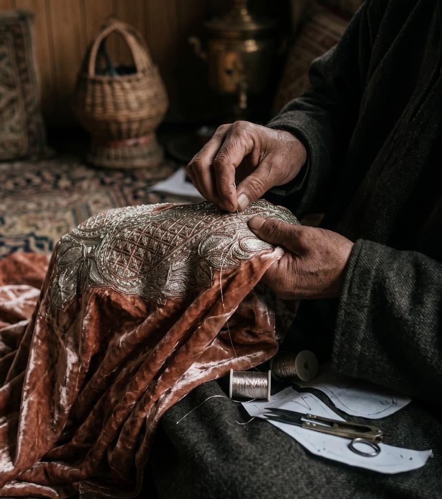 Master Kashmiri artisan hand-embroidering silver tilla onto crushed velvet
