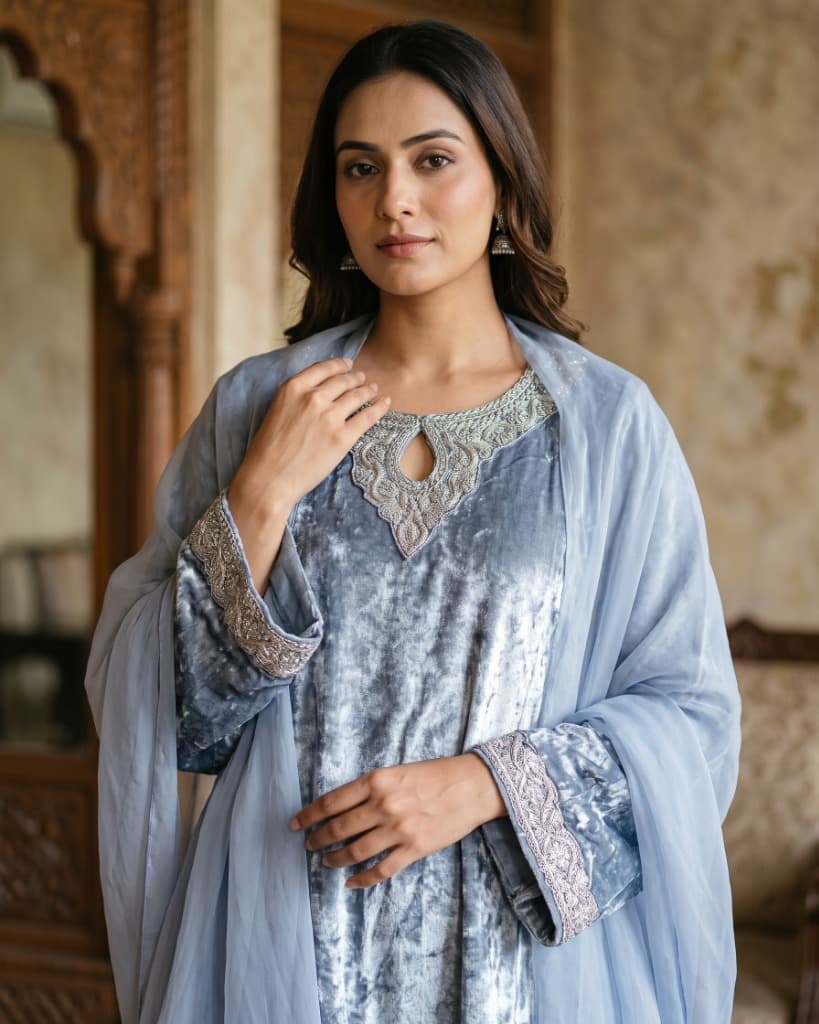 Silver Mist Velvet Pheran
